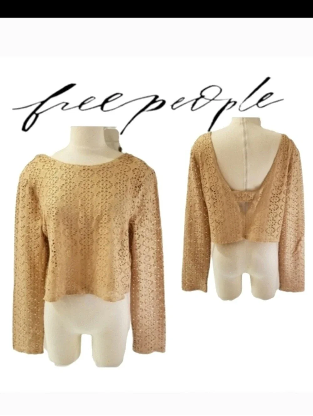 Free People Beach Metallic Gold Lurex Long Sleeve Cut Out Crochet Crop Top Sz L